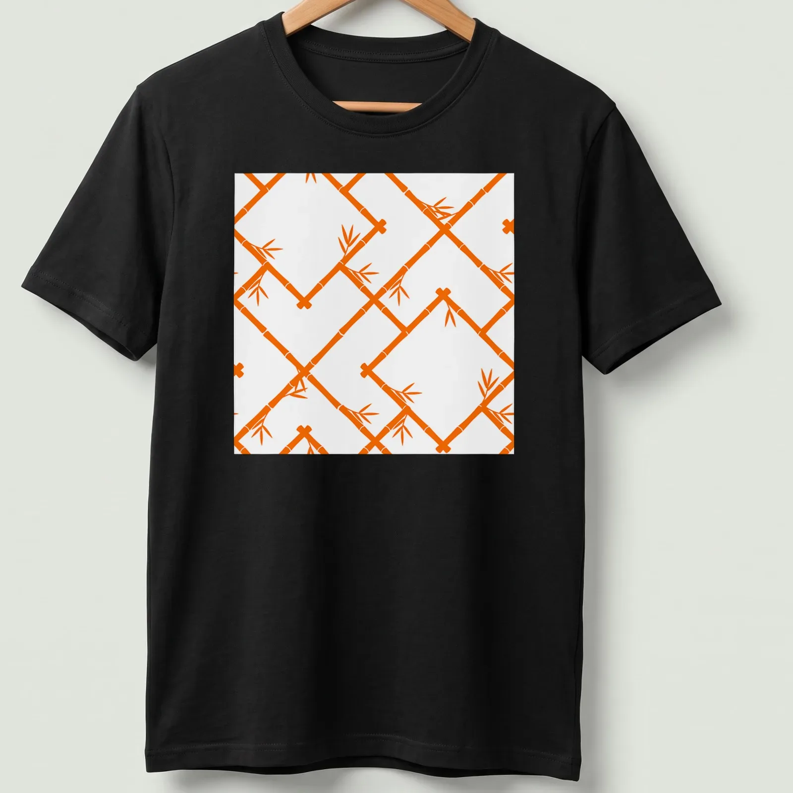 Modern chinoiserie bamboo lattice pattern in orange and white — printed on a unisex t-shirt