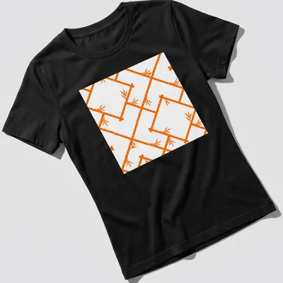 Modern chinoiserie bamboo lattice pattern in orange and white — printed on a women's shirt