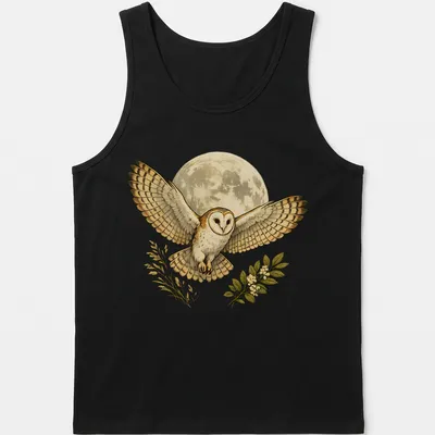 Detailed illustration of a barn owl flying under a moonlit sky in cream, brown, and green. — printed on a tank top