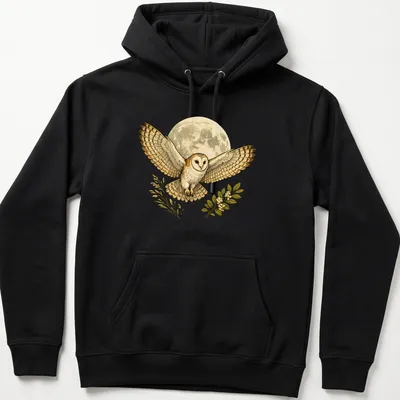 Detailed illustration of a barn owl flying under a moonlit sky in cream, brown, and green. — printed on a unisex hoodie
