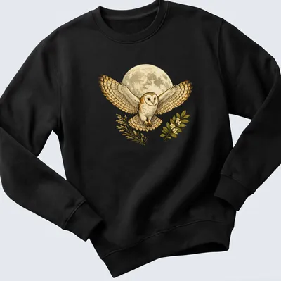 Detailed illustration of a barn owl flying under a moonlit sky in cream, brown, and green. — printed on a unisex sweatshirt