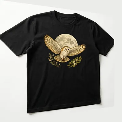 Detailed illustration of a barn owl flying under a moonlit sky in cream, brown, and green. — printed on a unisex t-shirt (angled view)