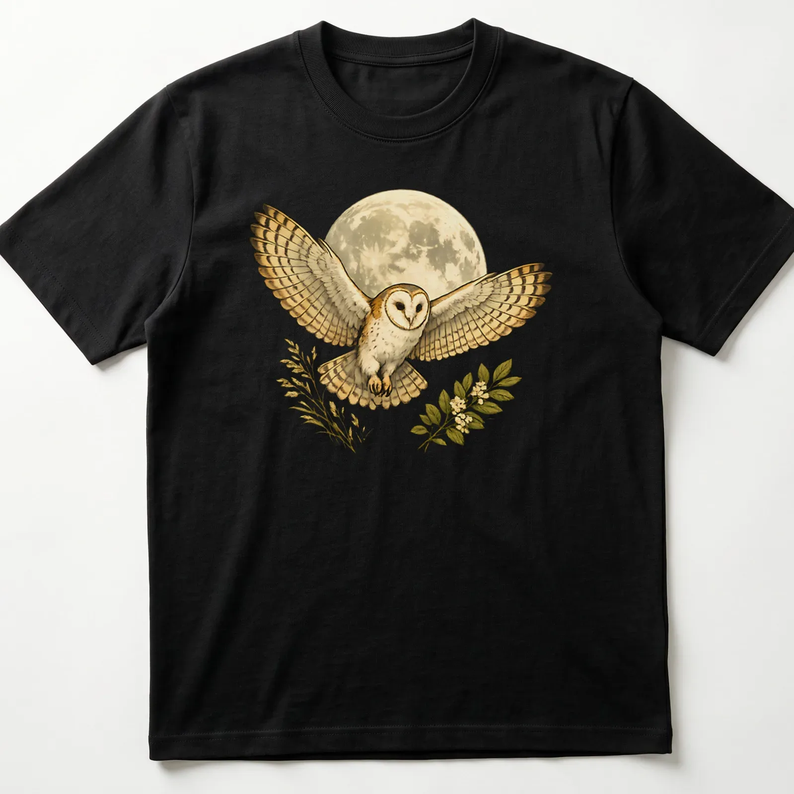 Detailed illustration of a barn owl flying under a moonlit sky in cream, brown, and green. — printed on a unisex t-shirt