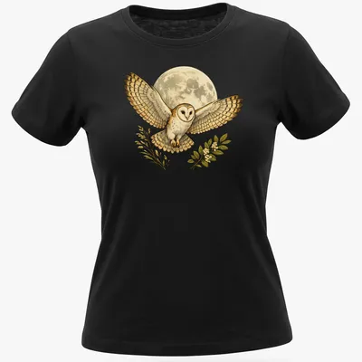 Detailed illustration of a barn owl flying under a moonlit sky in cream, brown, and green. — printed on a women's shirt
