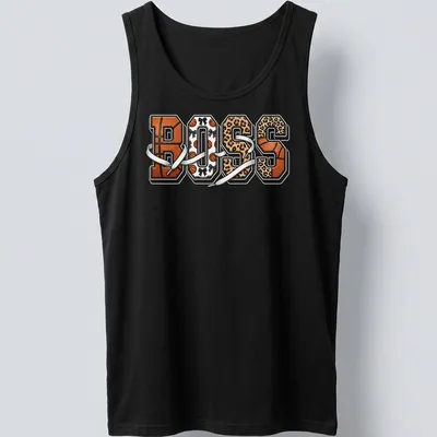 Glam sports t-shirt with 'BOSS' text and leopard print design — printed on a tank top