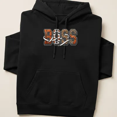 Glam sports t-shirt with 'BOSS' text and leopard print design — printed on a unisex hoodie
