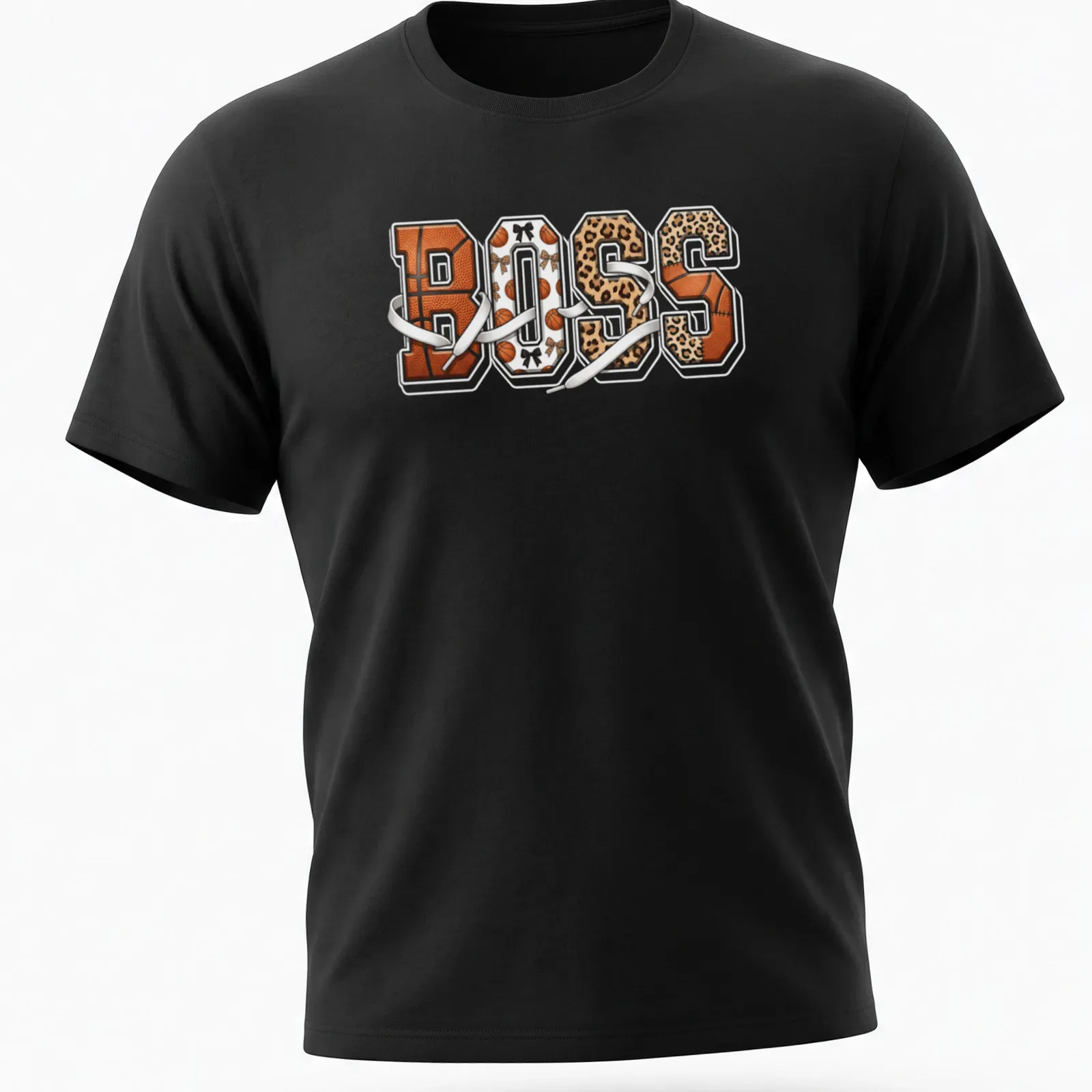 Glam sports t-shirt with 'BOSS' text and leopard print design — printed on a unisex t-shirt