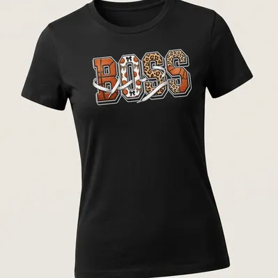 Glam sports t-shirt with 'BOSS' text and leopard print design — printed on a women's shirt