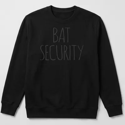 Bold handwritten Bat Security Halloween t-shirt with a bat graphic — printed on a unisex sweatshirt