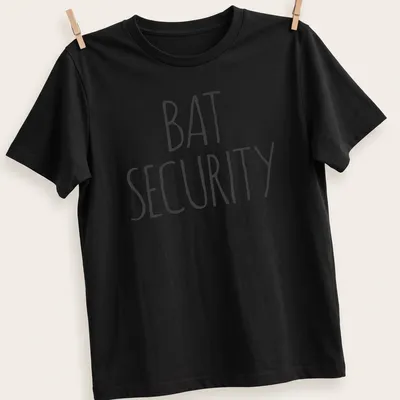 Bold handwritten Bat Security Halloween t-shirt with a bat graphic