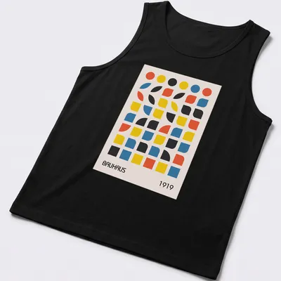 Minimalist shirt featuring geometric abstract design with Bauhaus 1919 text — printed on a tank top