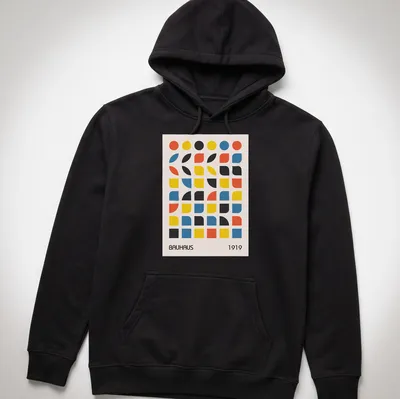 Minimalist shirt featuring geometric abstract design with Bauhaus 1919 text — printed on a unisex hoodie