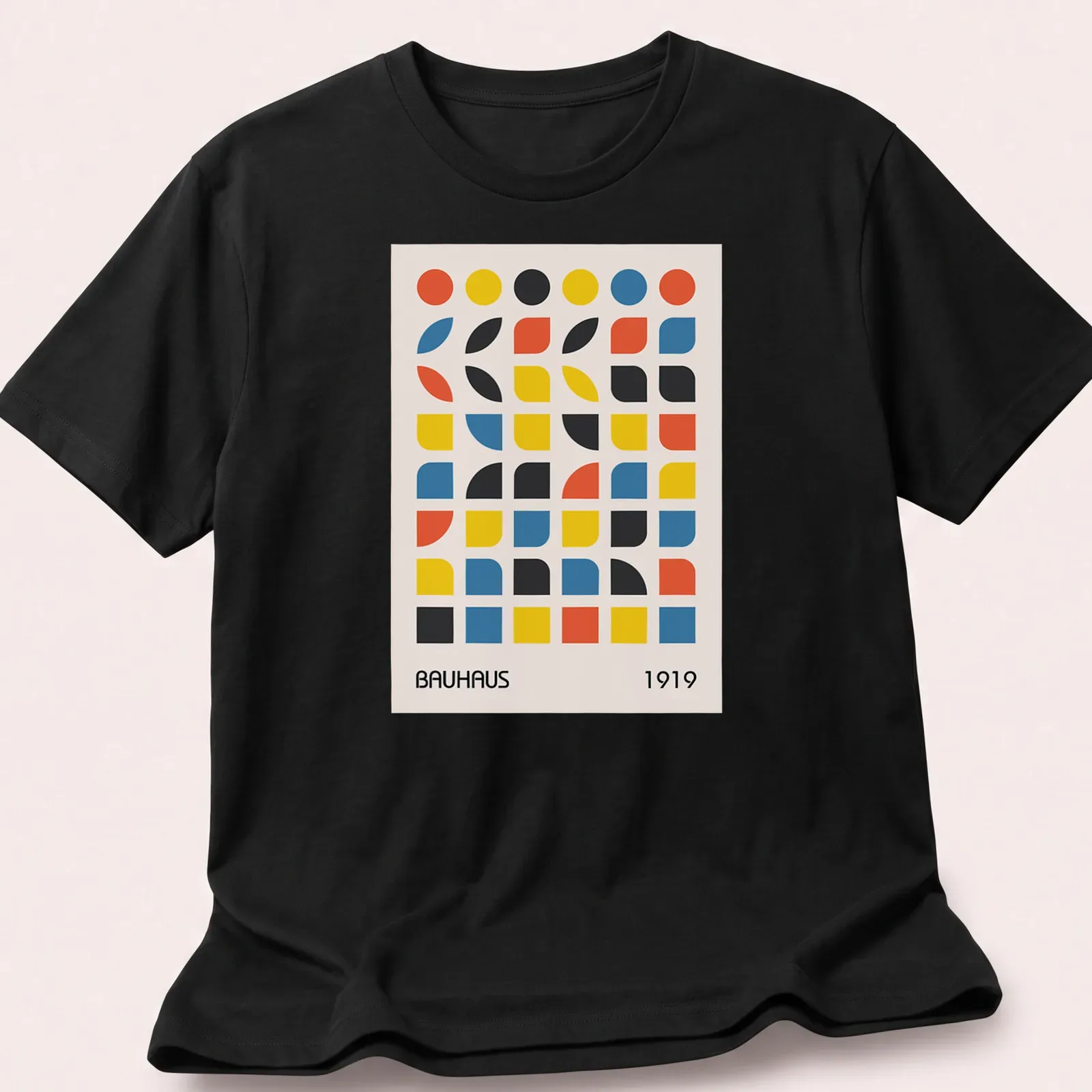 Minimalist shirt featuring geometric abstract design with Bauhaus 1919 text — printed on a unisex t-shirt