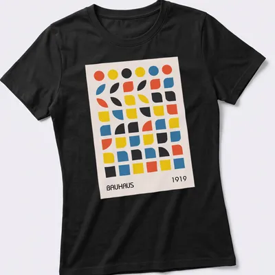 Minimalist shirt featuring geometric abstract design with Bauhaus 1919 text — printed on a women's shirt