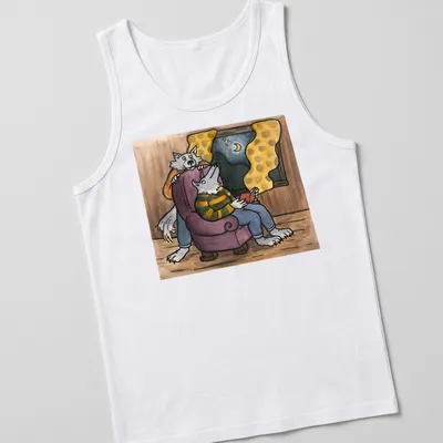 Whimsical illustration of reading wolves with the phrase 'Be Kind To Me' in various colors — printed on a tank top