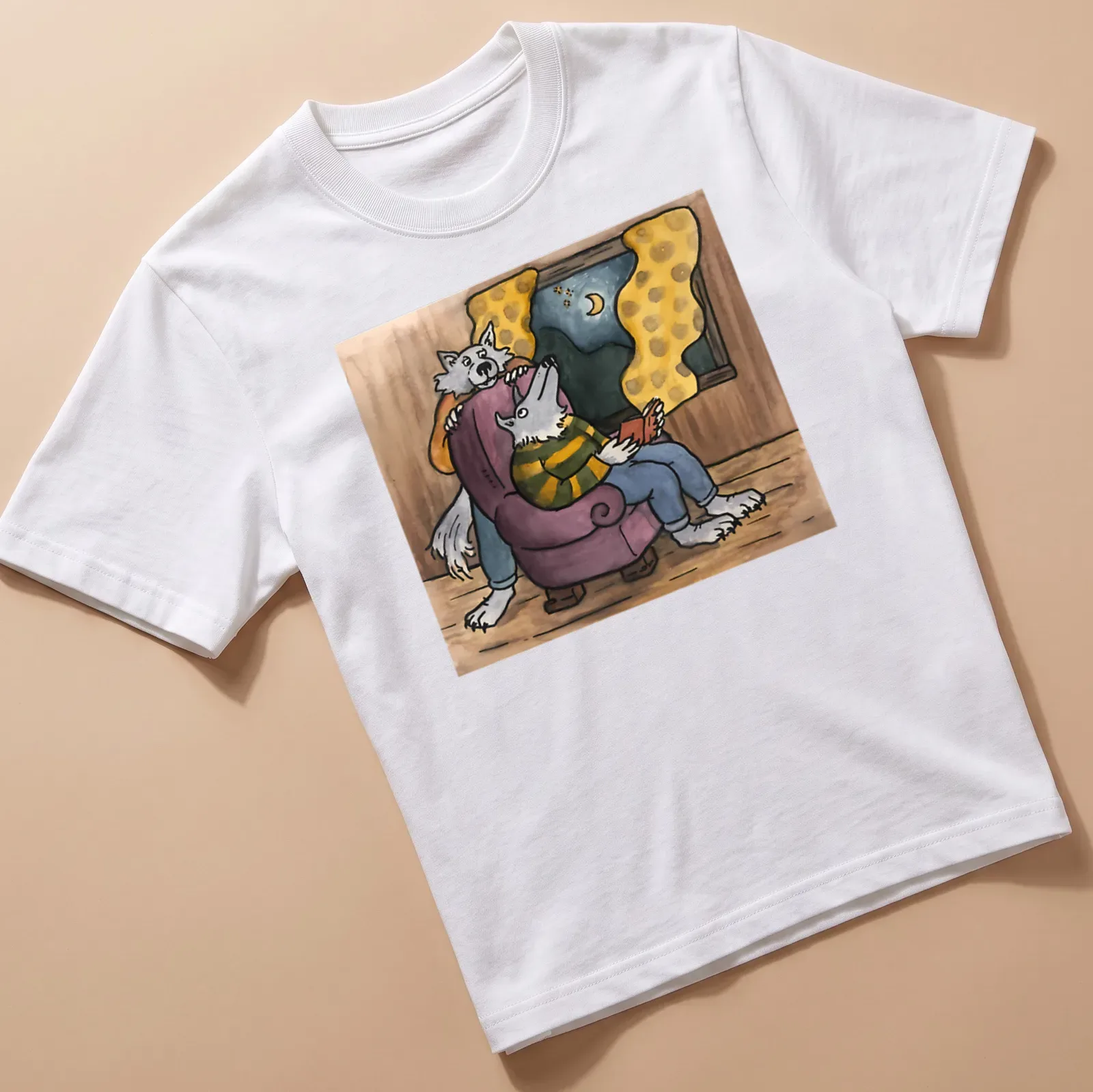 Whimsical illustration of reading wolves with the phrase 'Be Kind To Me' in various colors — printed on a unisex t-shirt
