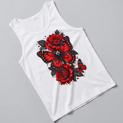Realistic print of red butterflies on roses in black and white — printed on a tank top