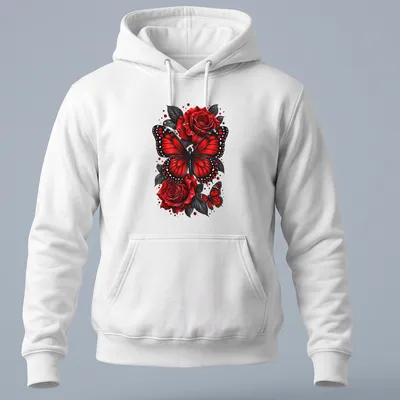Realistic print of red butterflies on roses in black and white — printed on a unisex hoodie