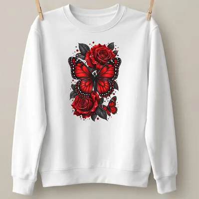 Realistic print of red butterflies on roses in black and white — printed on a unisex sweatshirt