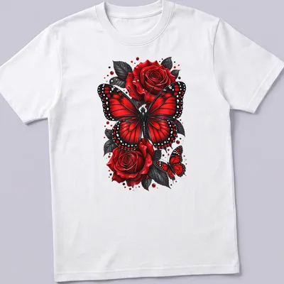 Realistic print of red butterflies on roses in black and white