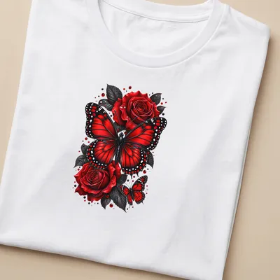 Realistic print of red butterflies on roses in black and white — printed on a women's shirt