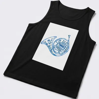 Watercolor floral design with a French horn in soft colors of blue, yellow, and green — printed on a tank top