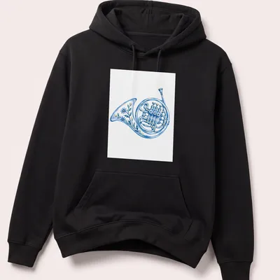 Watercolor floral design with a French horn in soft colors of blue, yellow, and green — printed on a unisex hoodie