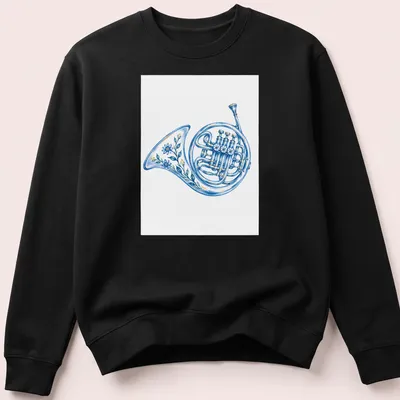 Watercolor floral design with a French horn in soft colors of blue, yellow, and green — printed on a unisex sweatshirt