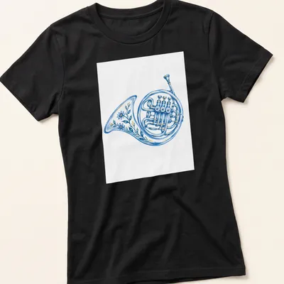 Watercolor floral design with a French horn in soft colors of blue, yellow, and green — printed on a women's shirt