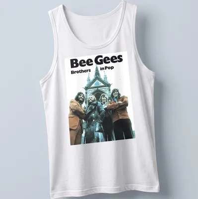 Vintage style shirt featuring the Bee Gees and the text Brothers in Pop in blue, brown, white, and black. — printed on a tank top