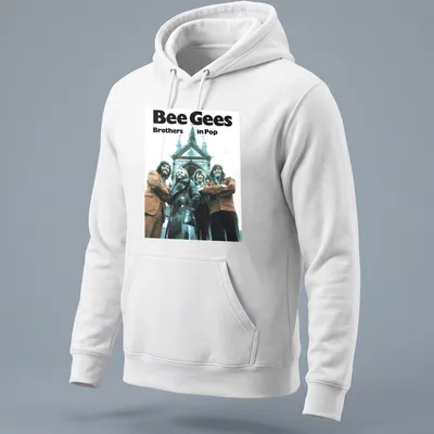 Vintage style shirt featuring the Bee Gees and the text Brothers in Pop in blue, brown, white, and black. — printed on a unisex hoodie