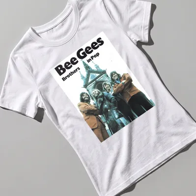 Vintage style shirt featuring the Bee Gees and the text Brothers in Pop in blue, brown, white, and black. — printed on a women's shirt