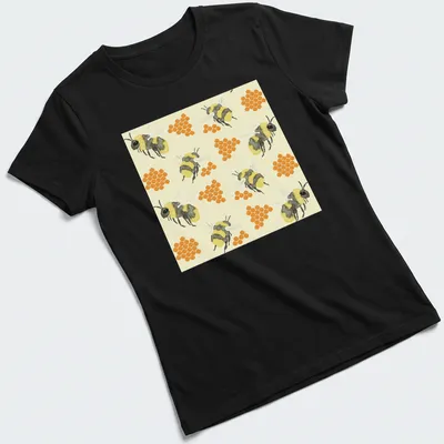 Watercolor print featuring bees and honeycombs in vibrant colors. — printed on a women's shirt
