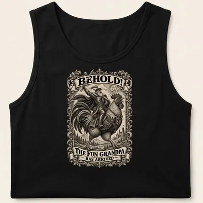 Vintage illustration of a grandpa riding a rooster with humorous text above — printed on a tank top