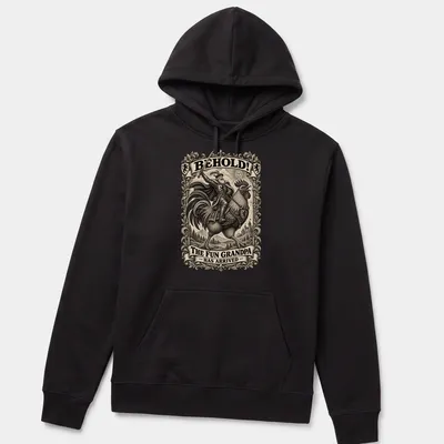 Vintage illustration of a grandpa riding a rooster with humorous text above — printed on a unisex hoodie