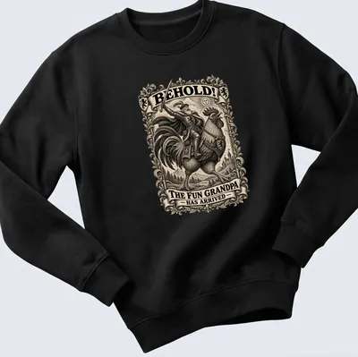 Vintage illustration of a grandpa riding a rooster with humorous text above — printed on a unisex sweatshirt