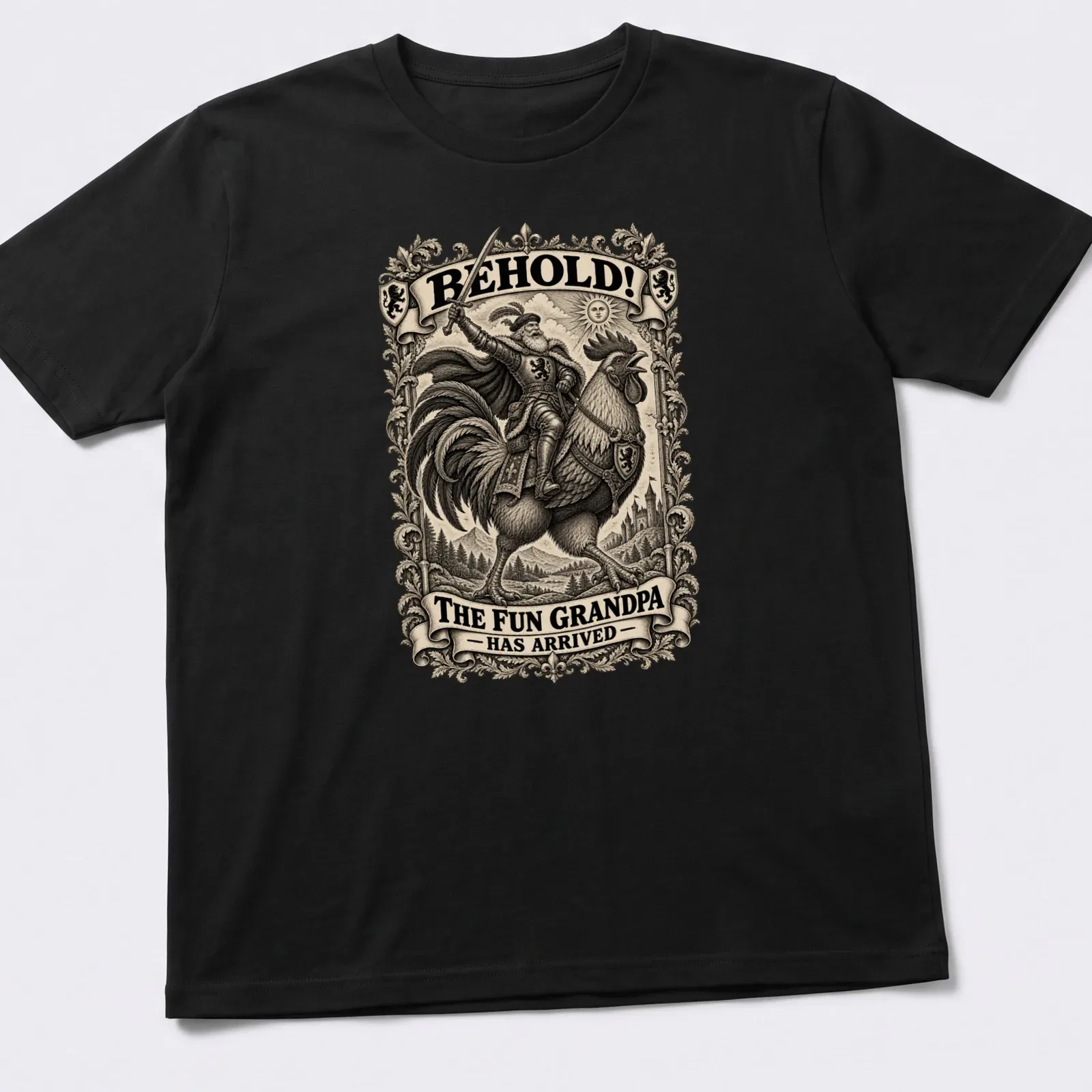 Vintage illustration of a grandpa riding a rooster with humorous text above — printed on a unisex t-shirt