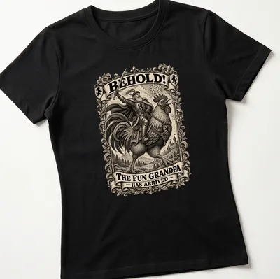 Vintage illustration of a grandpa riding a rooster with humorous text above — printed on a women's shirt