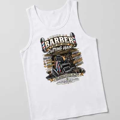 Vintage illustrative shirt showing barber tools and a chair with motivational text — printed on a tank top