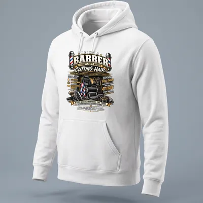 Vintage illustrative shirt showing barber tools and a chair with motivational text — printed on a unisex hoodie