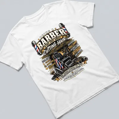 Vintage illustrative shirt showing barber tools and a chair with motivational text