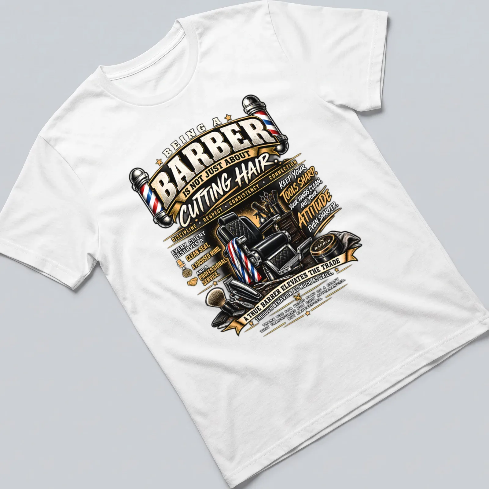 Vintage illustrative shirt showing barber tools and a chair with motivational text — printed on a unisex t-shirt