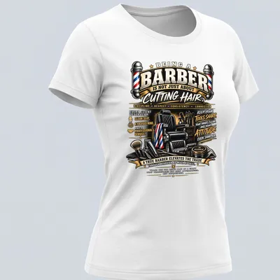 Vintage illustrative shirt showing barber tools and a chair with motivational text — printed on a women's shirt