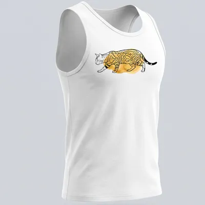 Boho line art illustration of a Bengal cat with spotted fur in gold and black — printed on a tank top