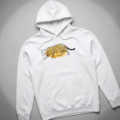 Boho line art illustration of a Bengal cat with spotted fur in gold and black — printed on a unisex hoodie
