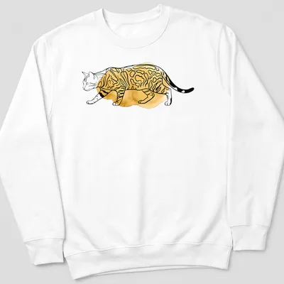 Boho line art illustration of a Bengal cat with spotted fur in gold and black — printed on a unisex sweatshirt