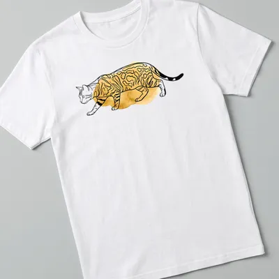 Boho line art illustration of a Bengal cat with spotted fur in gold and black