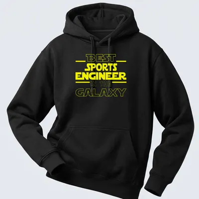 Bold yellow typography stating 'Best Sports Engineer In The Galaxy' on a — printed on a unisex hoodie