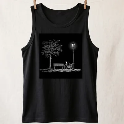 Minimalist black and white design featuring a bicycle, park bench, lamppost, and tree — printed on a tank top