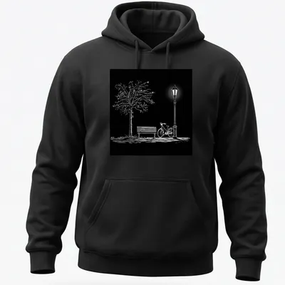 Minimalist black and white design featuring a bicycle, park bench, lamppost, and tree — printed on a unisex hoodie